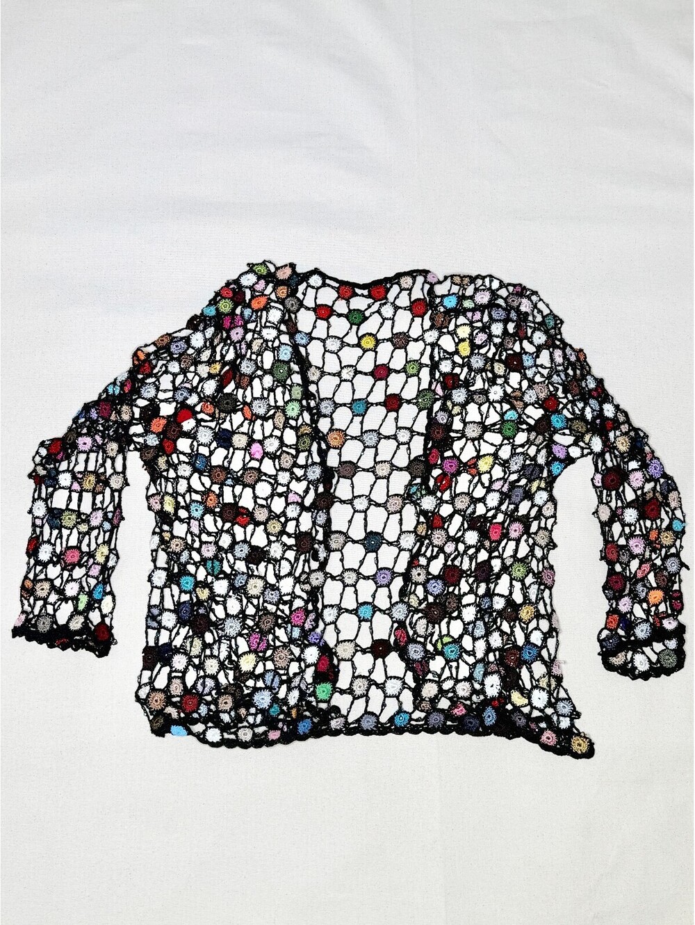 Handmade Crochet Cardigan Women’s M Black Multicolor Beaded Open Knit Boho